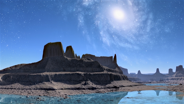Sci Fi Alien Landscape with Starry Sky and Galaxy