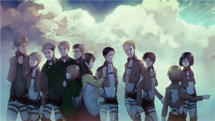 Attack on Titan characters in front of clouds 4K