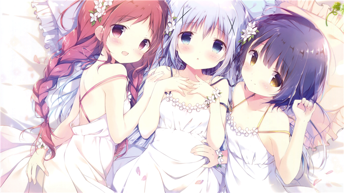 Three anime girls in white dresses