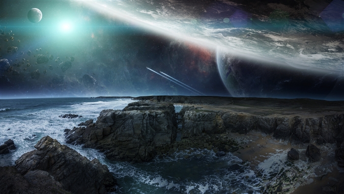 Alien Planet Landscape with Ocean and Spacecraft