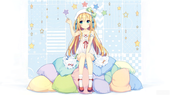 Anime girl with stars and pillows 4K