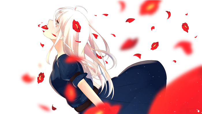 Girl in blue dress with falling red petals 4K