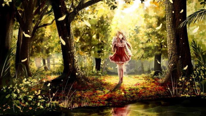 Anime girl in red dress walking in forest