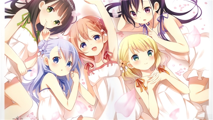 Five anime girls in white dresses lying down