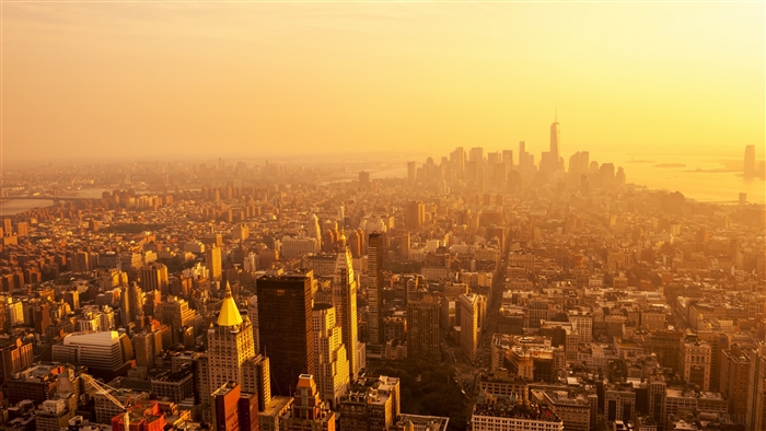 Aerial view of New York City skyline at sunset 4K