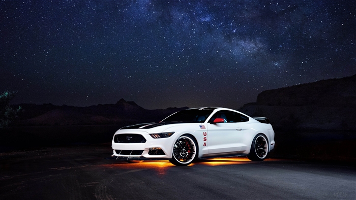 White Ford Mustang under the Milky Way