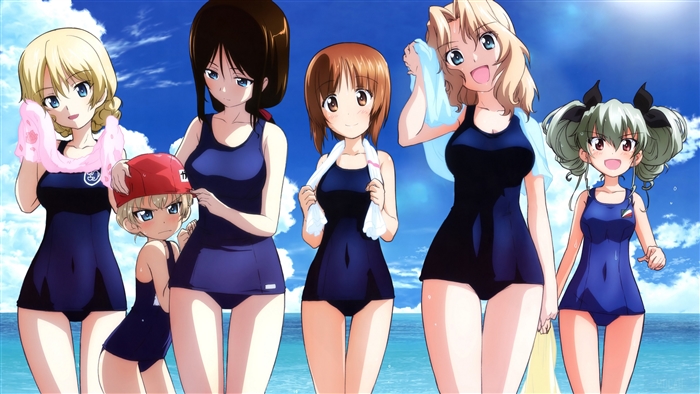 Girls und Panzer characters in swimsuits at the beach