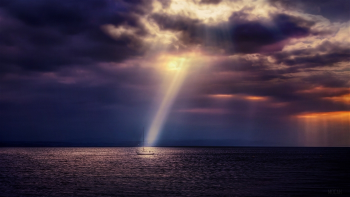 Sailboat in Sunbeam on Sea 4K