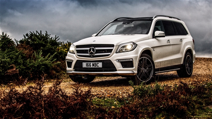 White Mercedes-Benz GL-Class SUV on a dirt road