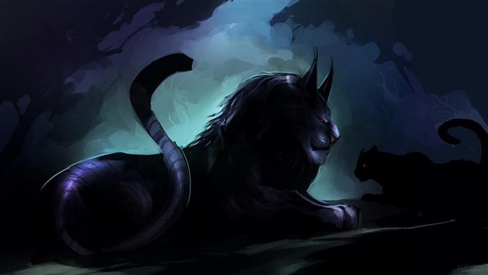 Two black panthers with glowing red eyes in a dark forest