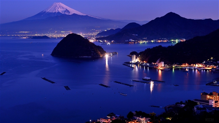 Mount Fuji and Coastal City at Night, Japan 4K