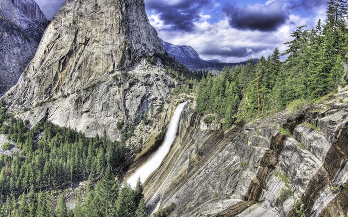 Waterfall cascading down a rocky mountain with pine trees