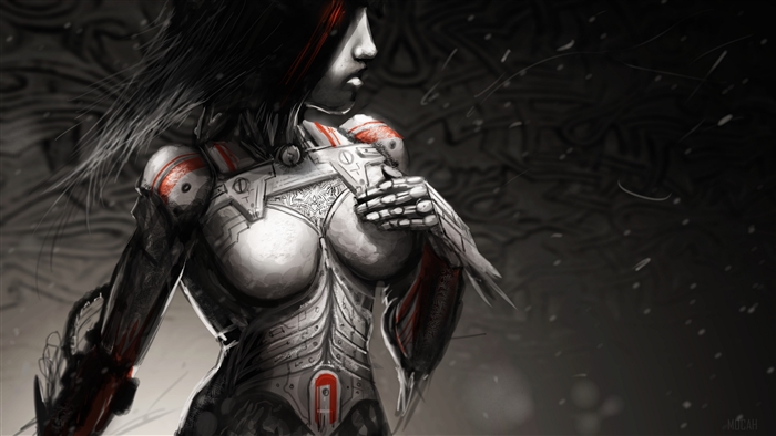 Cybernetic woman with red accents
