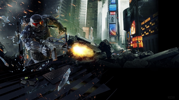Soldier in Nanosuit firing weapon in destroyed city