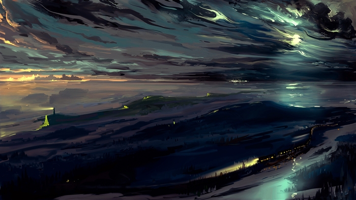 Night landscape with a lighthouse and a train