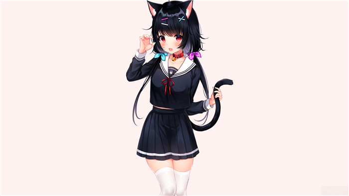 Anime Girl with Black Hair and Cat Ears in School Uniform 4K