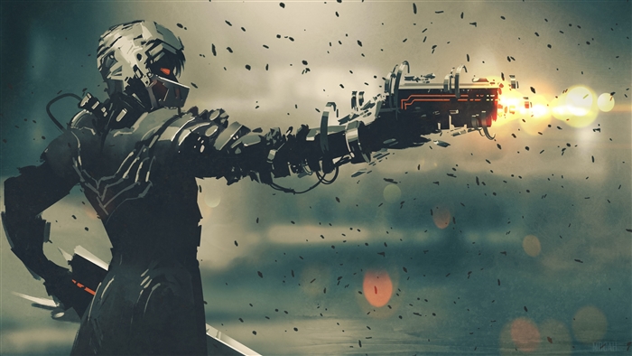 Cyberpunk soldier firing a futuristic gun