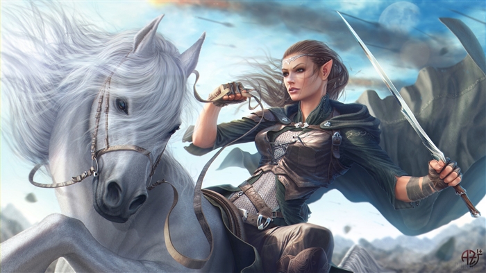 Elf warrior on a white horse with sword