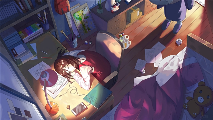 Girl sleeping at desk with art supplies