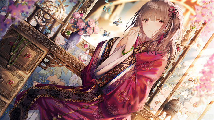 Girl in Chinese Dress with Butterflies