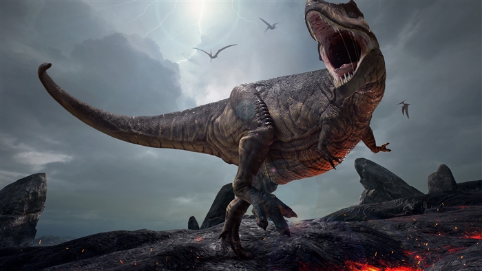 Tyrannosaurus Rex Roaring in Stormy Landscape 4K