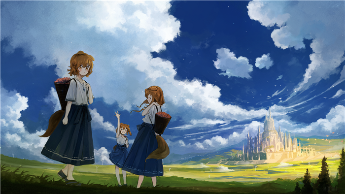 Girls with Baskets and a Castle Landscape 4K