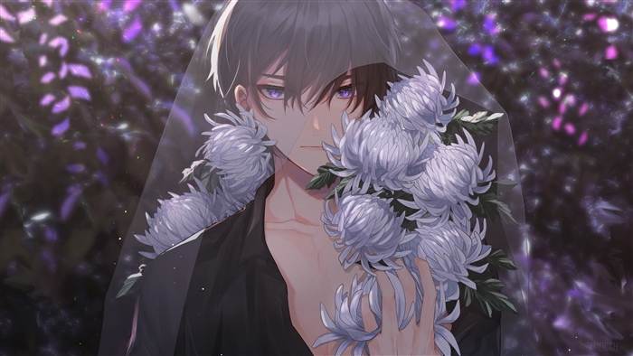 Anime boy with white chrysanthemums and purple flowers 4K