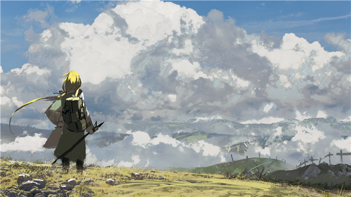 Girl with backpack and staff on a hill overlooking mountains and clouds 4K