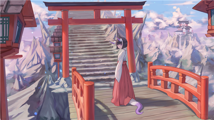 Girl with horns and tail on a mountain path