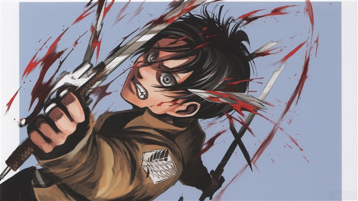 Eren Yeager from Attack on Titan with swords and blood