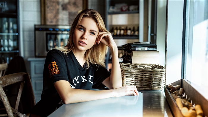 Blonde Woman with Blue Eyes in Black T-shirt 4K