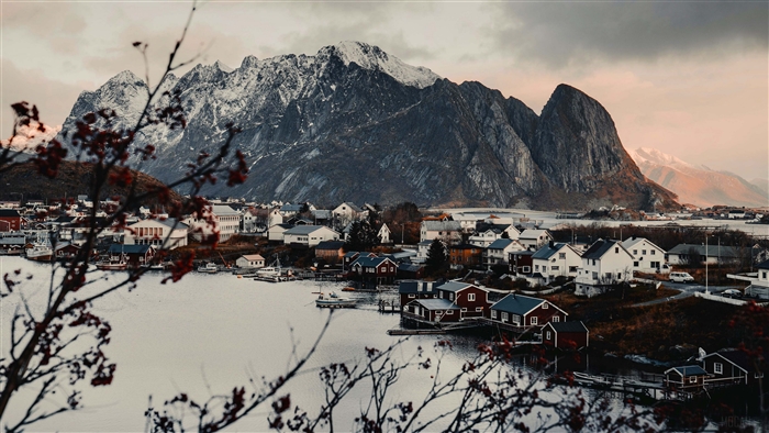 Village with mountains and water 4K