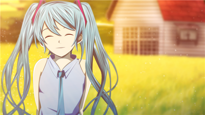 Hatsune Miku from Vocaloid smiling in a field 4K