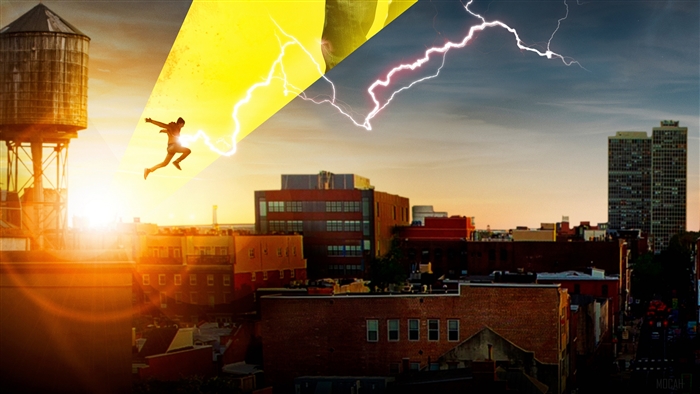 Shazam Leaps with Lightning in Cityscape 4K