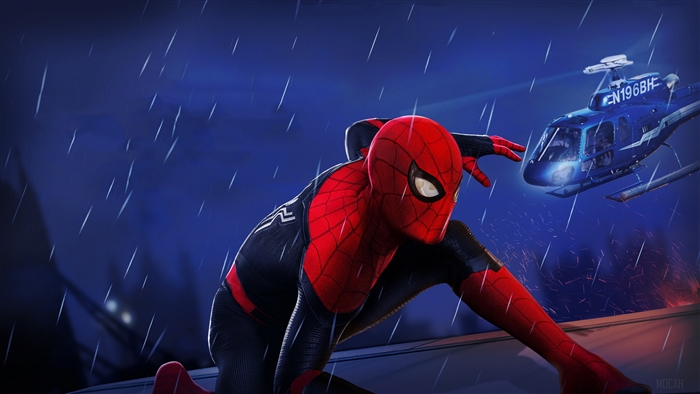 Spider-Man in the Rain with Helicopter 4K