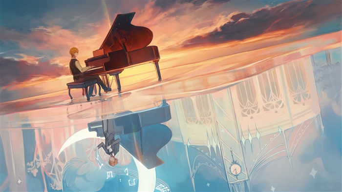 Blonde Playing Piano at Sunset with Moon Reflection 4K