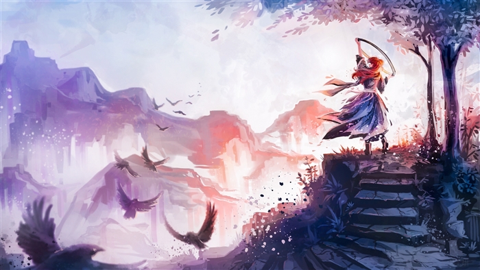 Woman with sword and birds in mountains 4K