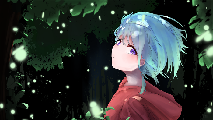 Girl in a red hoodie in a forest with fireflies