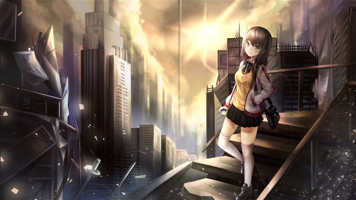 Girl with skateboard in ruined city