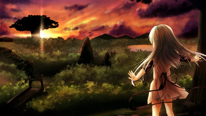 Girl with blonde hair watching sunset in forest
