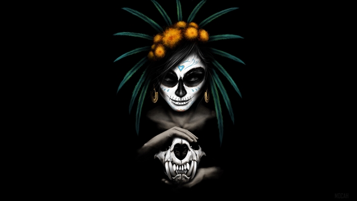 Woman with Sugar Skull face holding a skull