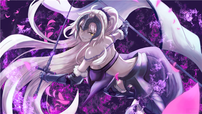 Jeanne d'Arc Alter from Fate, a white-haired girl with yellow eyes holding a sword