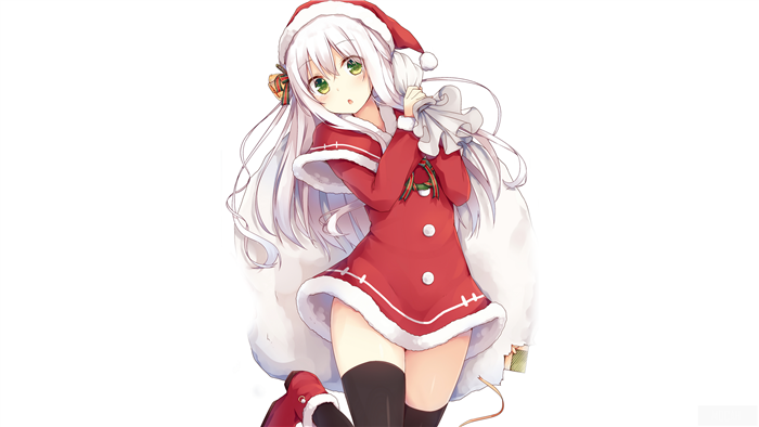 Girl in Santa Outfit with White Hair and Green Eyes