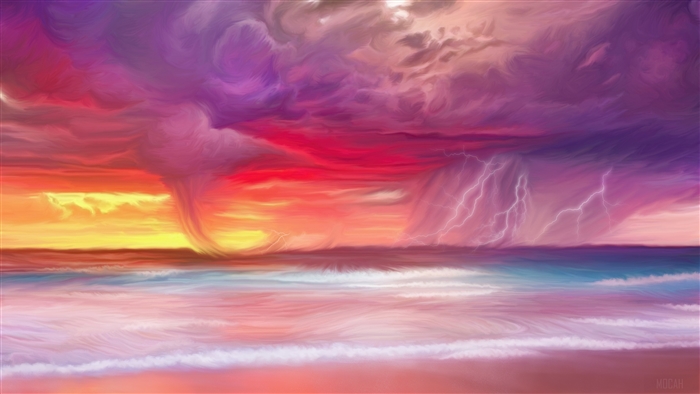 Stormy Ocean Sunset with Tornado and Lightning 4K
