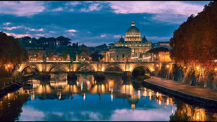 Ponte Sant'Angelo and St. Peter's Basilica at Dusk, Rome 4K