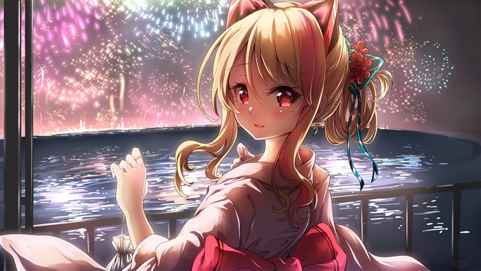 Neko girl in yukata watching fireworks