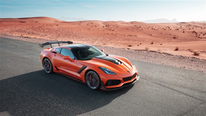 Orange Chevrolet Corvette ZR1 Supercar on Desert Road 4K