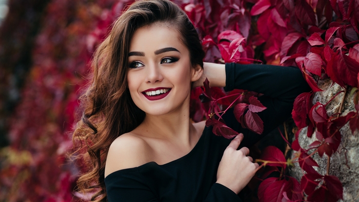 Woman with Long Brunette Hair and Red Leaves 4K