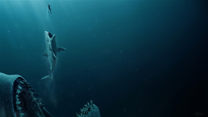 Diver and Great White Shark in Deep Blue Ocean 4K