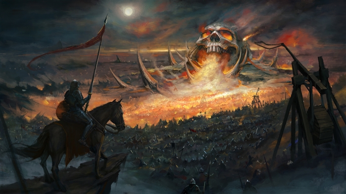 Knight on Horseback overlooking a massive battle with a giant skull spewing fire
